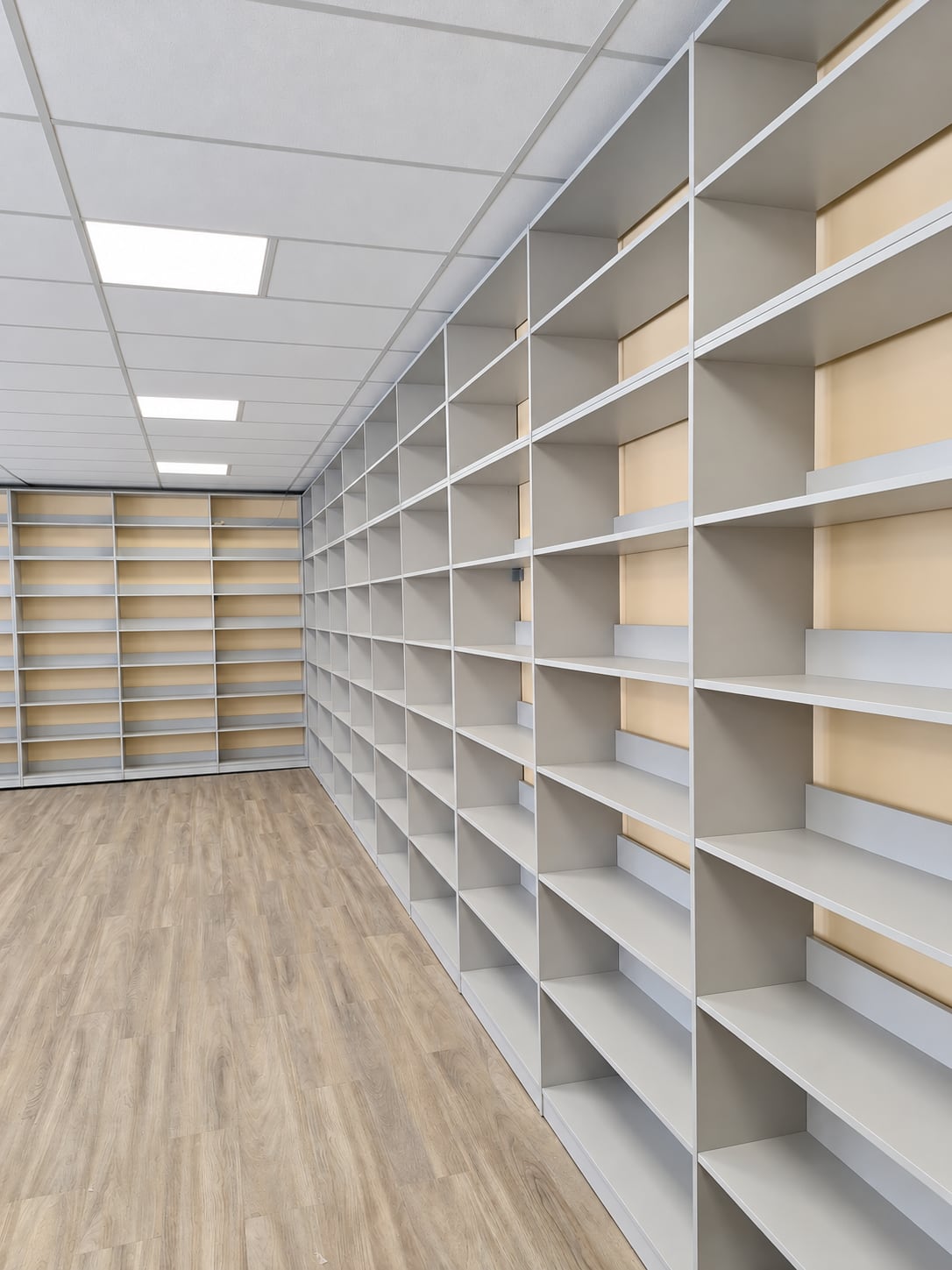 Bibliotekos lentynų bendras vaizdas