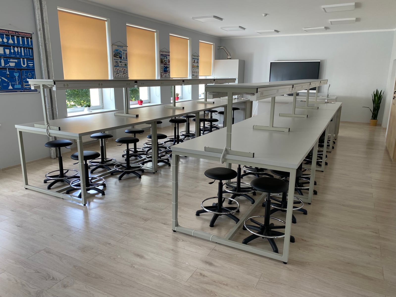 Laboratorinių stalų su antstatais bendras išdėstymas