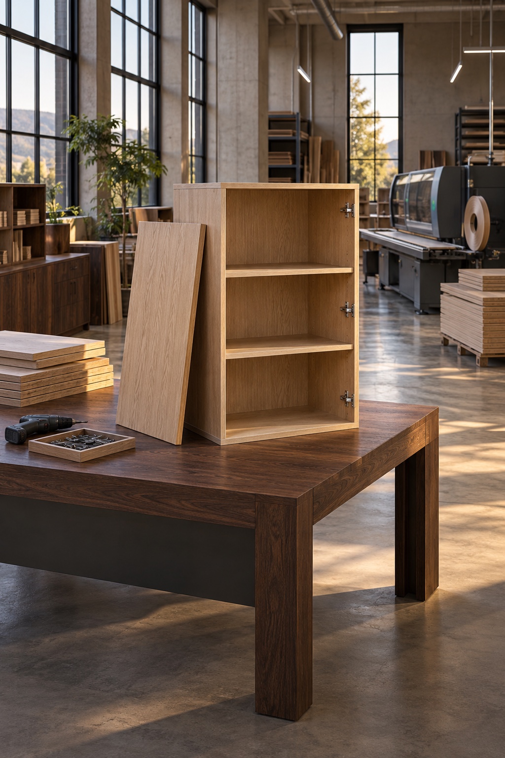 Cabinet assembly area with prepared panels and an edge-banding machine — illustrative image